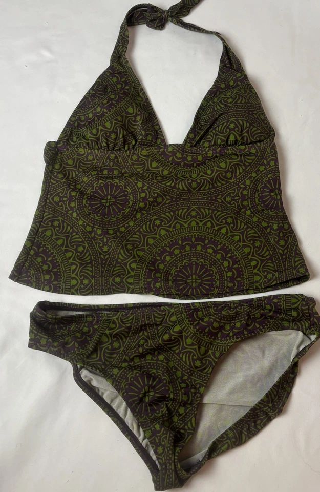 Traje de baño Tankini Perry Ellis 2 piezas verde púrpura talla M cuello halter parte inferior completa  Foto 1 de 4