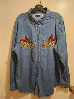 Camisa Denim Bobbie Brooks Vintage Años 90 Bordada Pájaro Otoño Cardenal Grande Foto 1 de 4