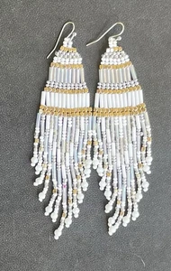 Boho Native Style White Silver Gold Seed Bead Beaded Earrings Fringe Long - Picture 1 of 5