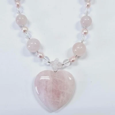 Lee Sands Necklace Silver Tone Pink Rose Quartz Puffy Heart 22" - Image 1 of 4