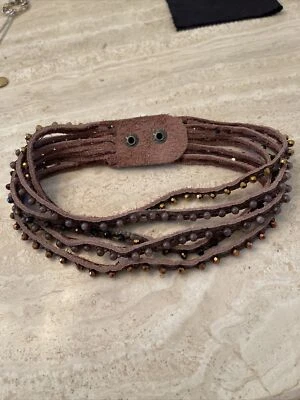 Мягкая кожа коричневый ошейник ожерелье с различными цветами камни 15-16» длинный новый! - Изображение 1 из 4