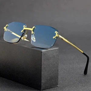 Luxury Rimless Square Sunglasses for Men Women Gold Blue Frame Hip Hop Shades - Picture 1 of 5