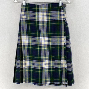 GIRLS Skirt 12 Flannel New Wool Tartan Plaid Pleated Wrap Fringe Buckle Green - Picture 1 of 9