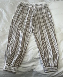 Per Se | Women's SZ M | Khaki White Thin Stripe Pull On Drawstring Linen Jogger - Picture 1 of 8