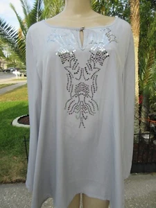 DG2 by Diane Gilman Tunic Top Light Gray Sequin Embellished Long Sleeve Blouse - Picture 1 of 8