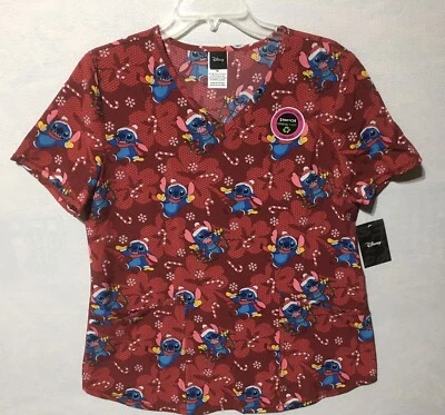 Disney Women's Christmas Lilo & Stitch  Print Scrub Top   Pockets New  Medium - Image 1 of 4