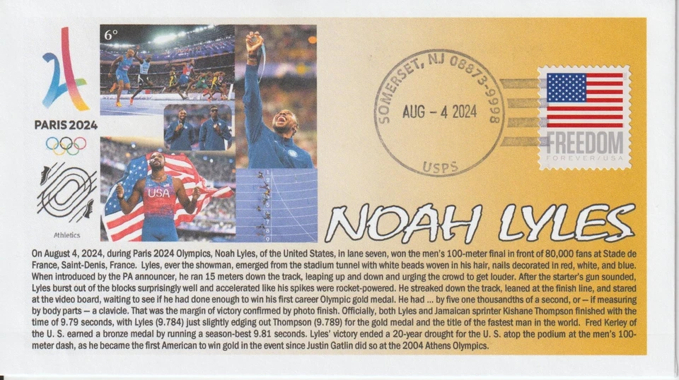 6° Cachets Paris 2024 Olympics Noah Lyles Team USA Track 100m Gold Medal - Image 1 of 1