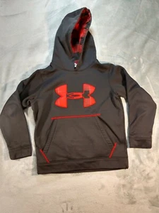 UNDER ARMOUR Boys YSM Pullover Sweatshirt Hoodie Black Red Plaid Lined  - Picture 1 of 10