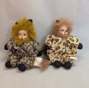 2 Porcelain Dolls With Lion Painted Face Leopard Printed Romper Vintage Set Of 2 - Picture 1 of 3