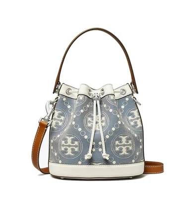 TORY BURCH T MONOGRAM DRAWSTRING BUCKET BAG BROWN STRAP PEARL BLUE WHITE 143535 - Image 1 of 4