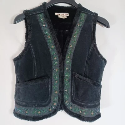 AMI Womens Leather Vest Faux Fur  Embroidered Small Boho Scandinavian  Hippie - Image 1 of 4