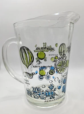 Jarra de vidrio vintage 64 oz azul claro verde Bon Voyage tema de viaje tren bicicleta Foto 1 de 4