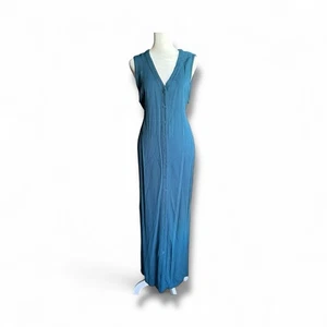 VTG Eileen Fisher Blue Rayon Maxi Dress M Button Front Tie Back Minimalist USA - Picture 1 of 14