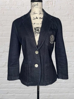 Vtg Ralph Lauren Jean Co Two Button Crest Blazer Women LG Dark Denim Big Logo - Image 1 of 4