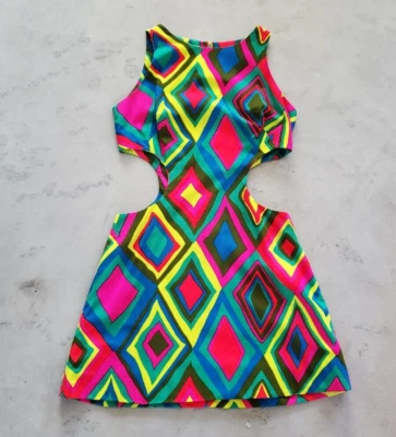 Vintage Anos 60 PSICODÉLICO Recorte Algodão Geométrico Mini MOD GO-GO Vestido de Praia Sol P - Imagem 1 de 4