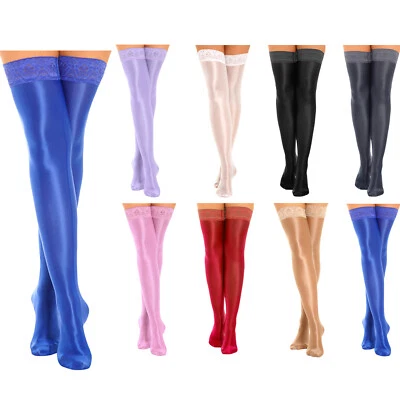 DE Damen Sexy Stretch Halterlos Glänzende Spitze Kniestrümpfe Overknee Strümpfe - Bild 1 von 3