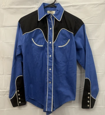 Camisa para mujer vintage Rod’s azul negro occidental perla broches de presión algodón talla S Foto 1 de 4