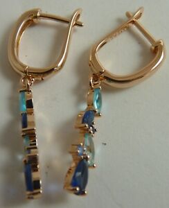 14K Rose Gold Gemstone Dangle Pierced Earrings Sapphire Topaz