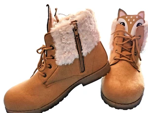 NEW - FabKids Girl's Faux Fur Lined 3D Deer Face Boots JJ4 Tan Size 7US KID. 8 W - Picture 1 of 10
