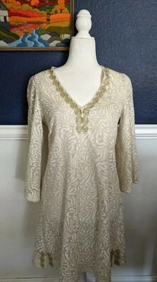 Yoana Baraschi Anthropologie Dress Gold & White Embroidery Sz Small S NO SLIP Foto 1 de 4