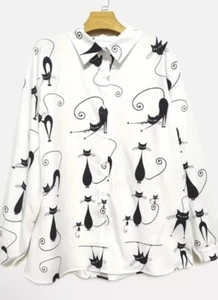 Women's Medium 8/10 Smooth White Cat Button Blouse Collar Long Sleeve Workwear - Picture 1 of 6
