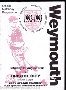 Weymouth V Bristol City 1992/93 01-08-1992 apto para pretemporada - Imagen 1 de 1