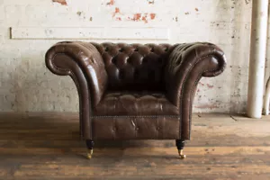 HANDMADE VINTAGE BROWN DISTRESSED LEATHER CHESTERFIELD ARMCHAIR, CLUB CHAIR - Picture 1 of 6