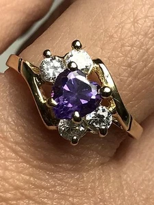 14k Solid RING Heart yellow Gold cz Amethyst size 8 5 6 7 9 10 - Picture 1 of 11