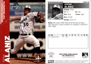 Adrian Alaniz 2007 Choice New York-Penn League Top Prospects #2 Card