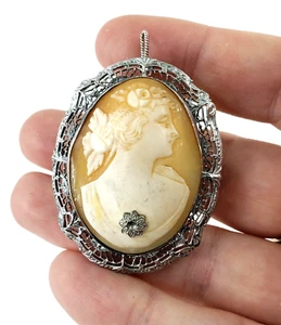 OTSBY BARTON Sterling Silver Cameo Pendant Vintage Women Filigree Shell Oval 925 - Picture 1 of 10