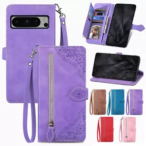 For Google Pixel 8 Pro/7a/6 Pro/5/4a Zipper Wallet Flip Holder Phone Case+Strap - Picture 1 of 41
