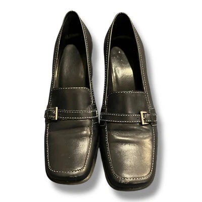 Vintage Y2K Navy Bass Loafer Block Heel Womens Shoe 7 Slip On Buckle Square Toe - Image 1 of 4