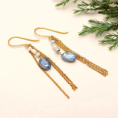14K Gold Plated Brass Kyanite Drop Chain Earrings 3¼" MSRP $110 - Image 1 of 3