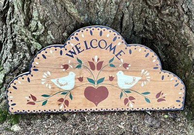 VTG Welcome Folk Art Hand Painted Wood Half Round Goose Country Farmhouse Sign - Image 1 of 4