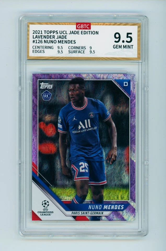2021-22 Nuno Mendes Topps Jade Lavender Foil PSG Rookie Card 1/15 GBTC 9.5 - Image 1 of 3