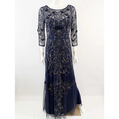 Aidan Mattox Navy Blue Sequin Beaded Maxi Dress Size 8 Formal Evening - Image 1 of 4