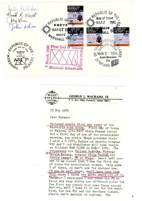 SCARCE Marshall Islands 1986 FDC NAVIGATIONAL - HIGH VALUES-W/ AUTOGRAPHS+LETTER - Image 1 of 2