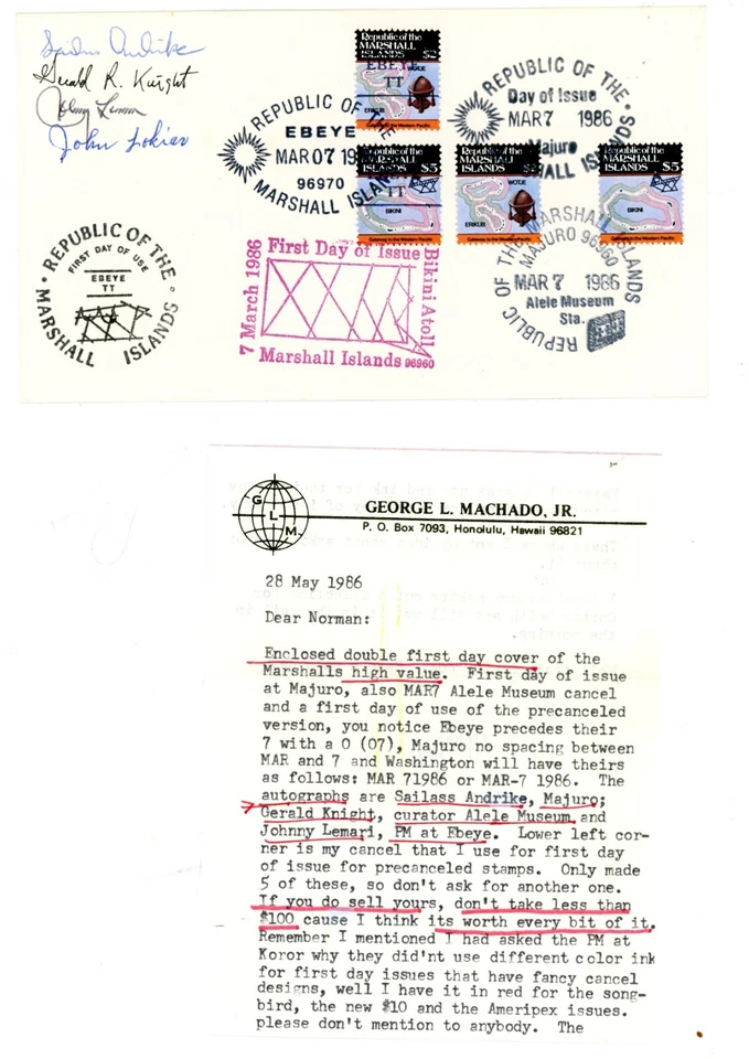 SCARCE Marshall Islands 1986 FDC NAVIGATIONAL - HIGH VALUES-W/ AUTOGRAPHS+LETTER - Image 1 of 2