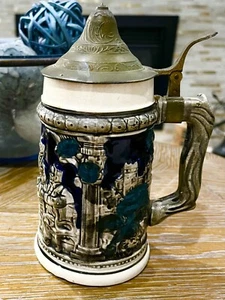 Beer Stein Vintage 1960 Ceramic Pewter Top 6 inches tall 3 inches diameter - Picture 1 of 7