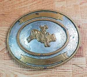 Metall Bull Riding Neusilber Rodeo Gürtelschnalle Vintage  - Bild 1 von 2