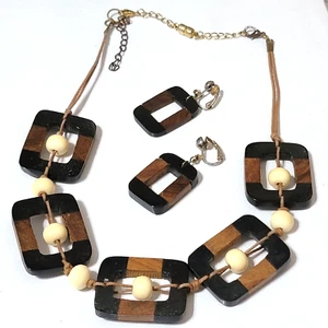 Vintage Black & Brown Square Tribal Station Necklace with Clip on Earrings - Picture 1 of 4