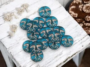 13mm Platinum Washed Matte Dark Aqua Czech Glass Moon Face Coin Beads 15 Beads - Picture 1 of 4