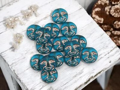 13mm Platinum Washed Matte Dark Aqua Czech Glass Moon Face Coin Beads 15 Beads - Image 1 of 4