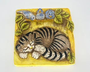 VTG. Telle M. Stein Bas Relief Sleeping Tabby Cat w/ Bluebirds Wall Plaque HTF - Picture 1 of 7