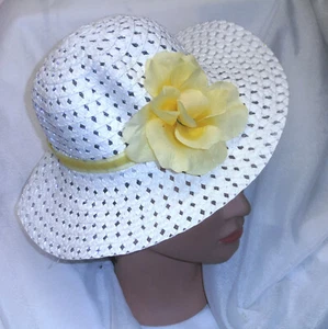 GIRLS TODDLER EASTER HAT DRESSUP TEAPARTY SET WHITE HAT W/YELLOW RIBBON & ROSE - Picture 1 of 1