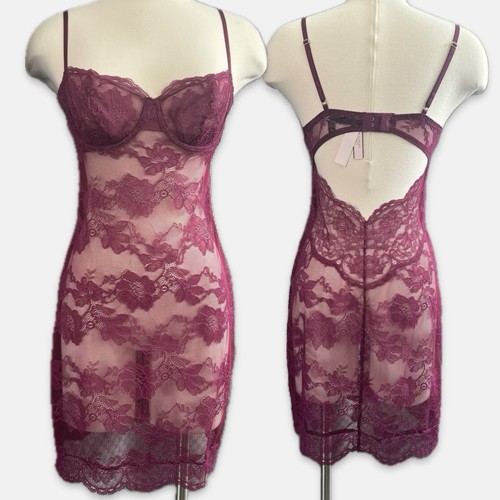UNDERCOVER Abito slip elasticizzato nuovo con etichette Victoria’s Secret viola pizzo trasparente pinup corsetto M