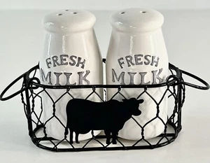 Cracker Barrel-Fresh Milk-Salt & Pepper Shakers-with Wire Basket-Farmhouse Decor - Picture 1 of 13