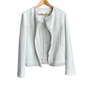 Boss Hugo Boss White Tweed Open Front Blazer Jacket Women's 12 Open Front Frayed - Picture 1 of 9