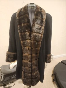 NEW Vintage ALBERT NIPON Black WOOL Faux Fur Collar Cuff COAT Women's L Large - Picture 1 of 10