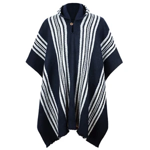 Llama Wool Mens Unisex South American Hooded Poncho Jacket Striped Midnight Blue - Picture 1 of 11